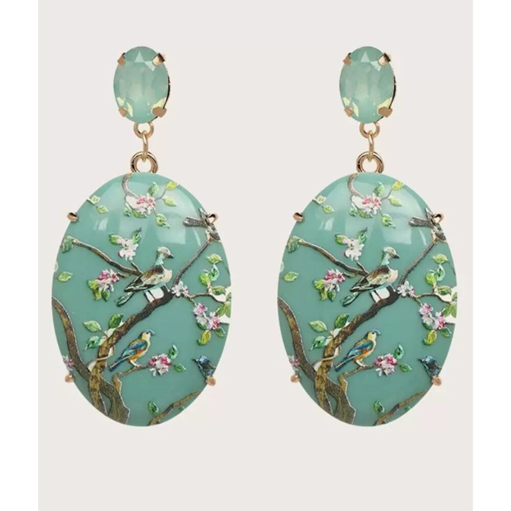 Blue Enameled Bird Earrings